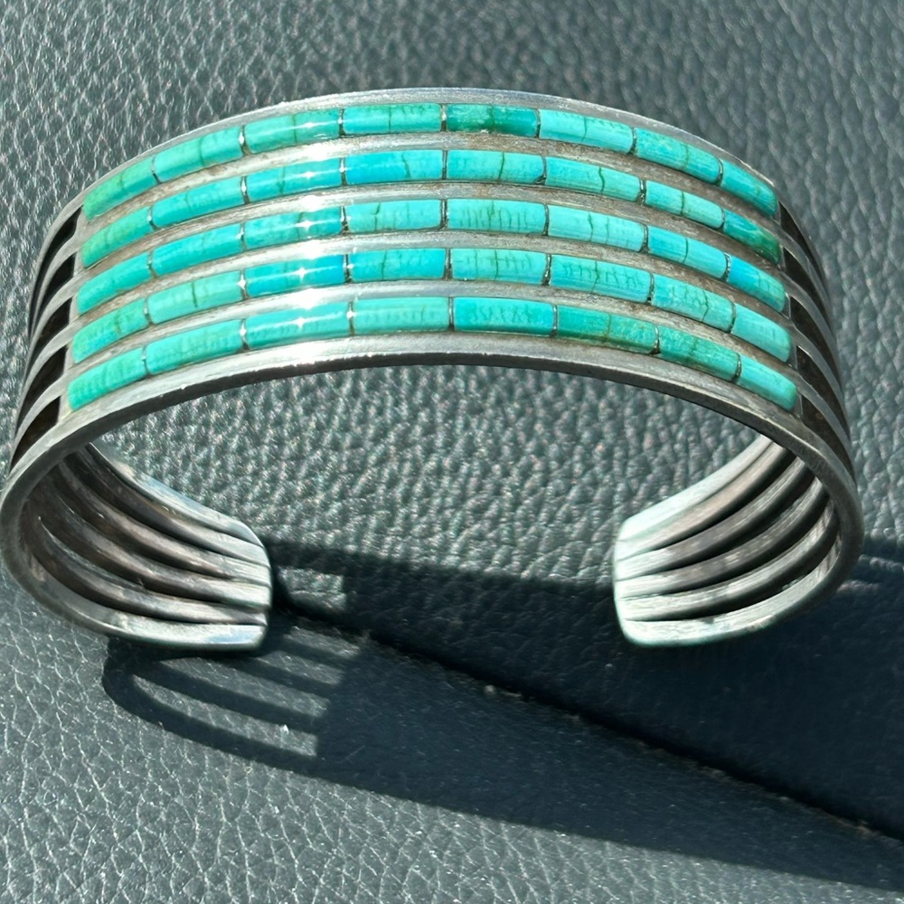 Vtg artisan Anson and Lalita Wallace sterling silver inlay 5 rows turquoise cuff